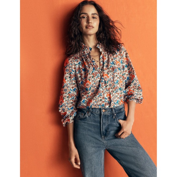 Boden Tops - Boden Erica Cotton Frill Top Floral Ruffle Neck Blouse Orange Teal US 0 UK 4